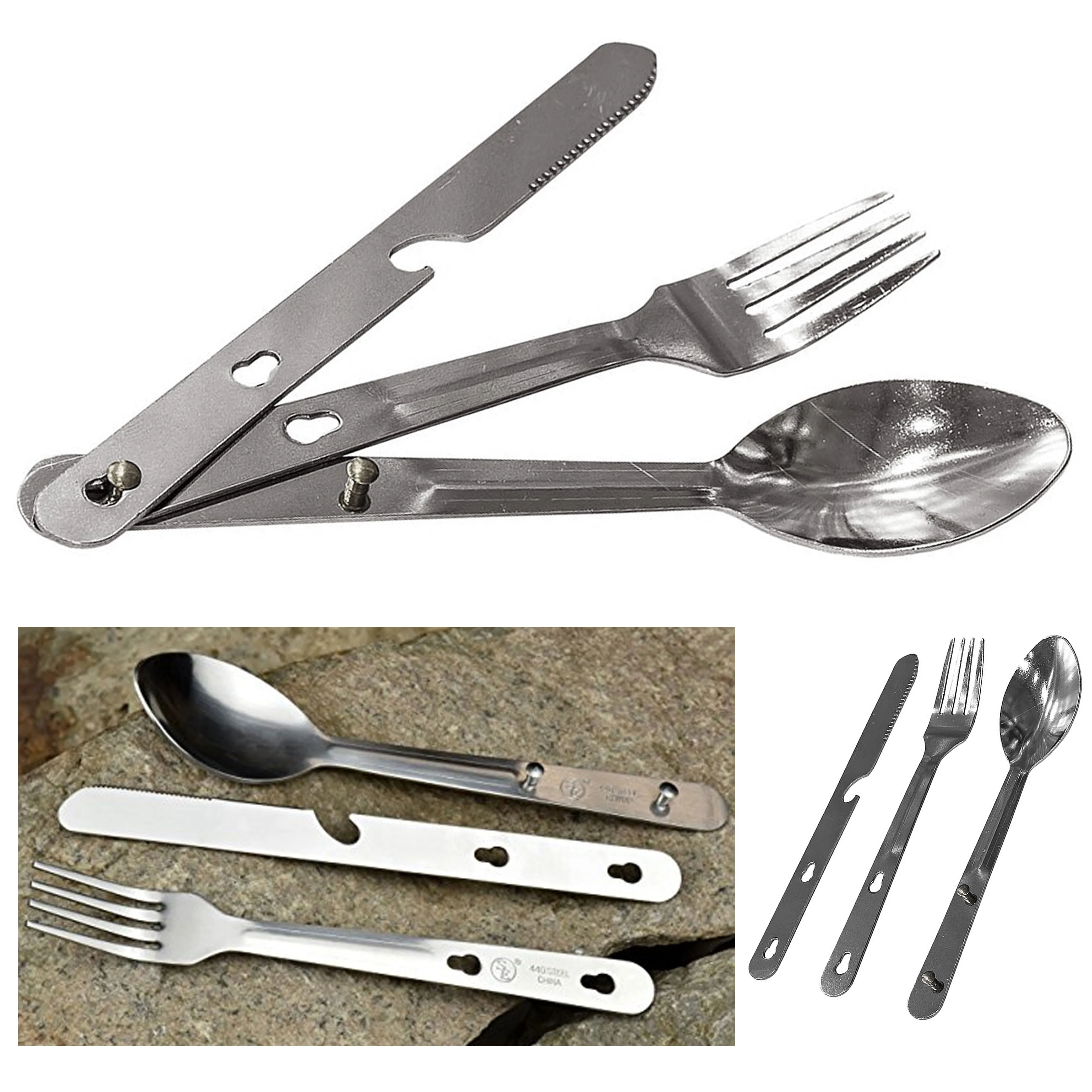 1 Set 4 in 1 Camping Hiking Stainless Steel Eating Utensil Fork Knife Can Opener