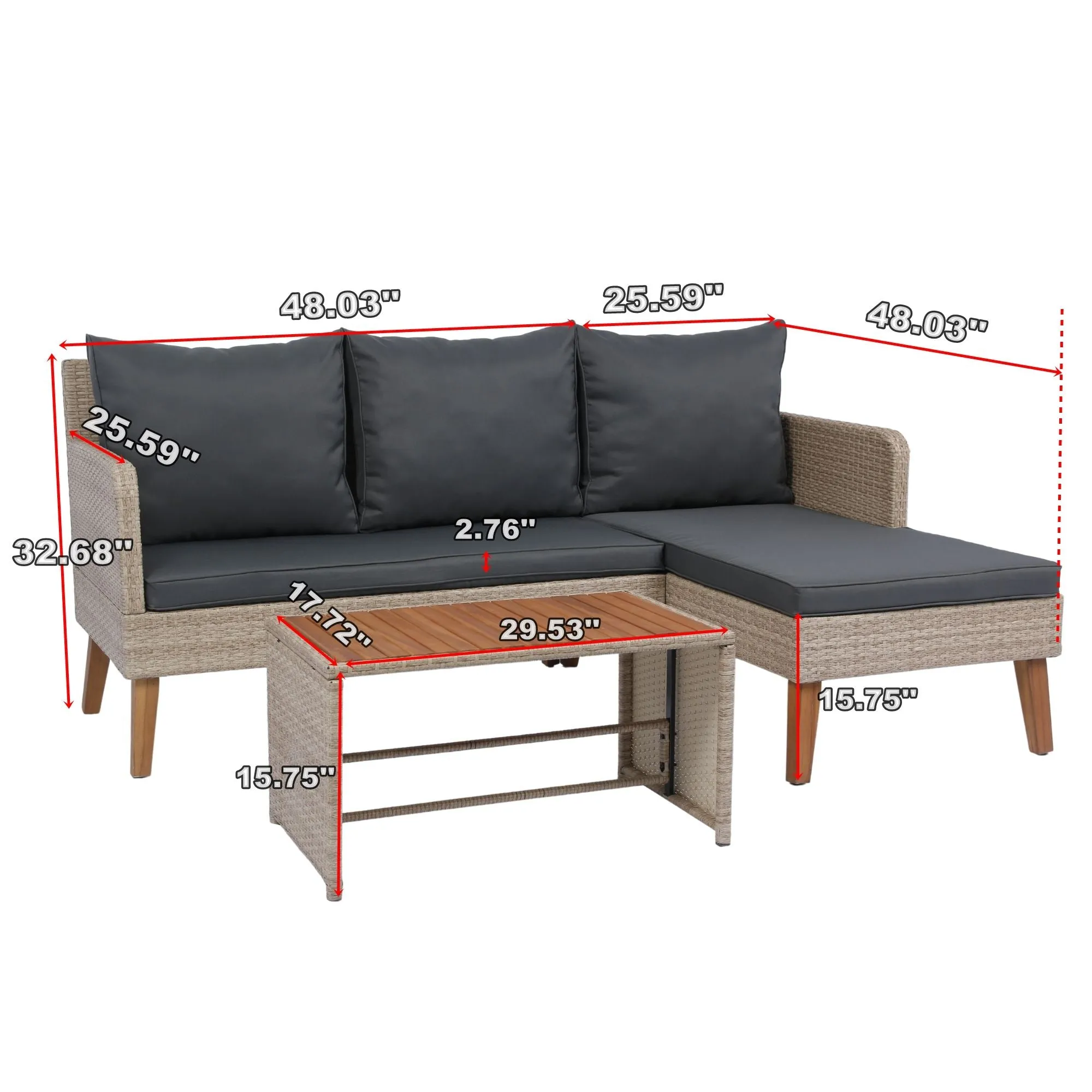3 Piece Patio Sectional Wicker Rattan Outdoor Furniture Sofa Set Natural Wicker And Cushion - Yellow / Dark Gray by Couch.com