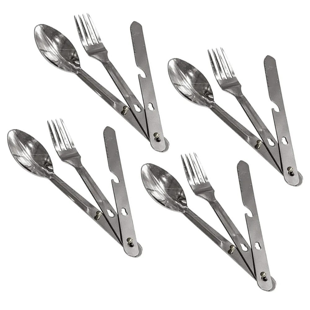 4 Sets Outdoor Eating Utensils 3in1 Fork Knife Spoon Stainless Steel Cutlery