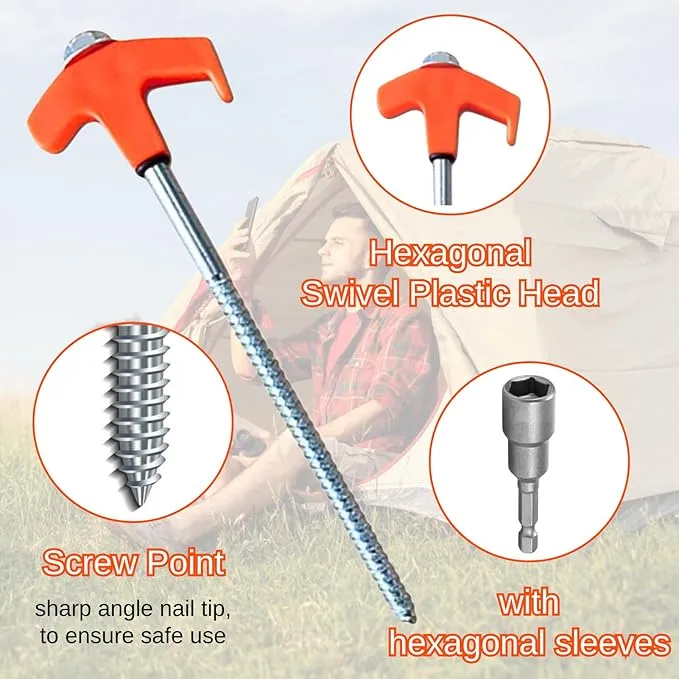 8" Screw in Tent Stakes - Ground Anchors Screw in, Screw in Tent Stakes Heavy Duty, Tent Pegs Camping Stakes, Metal Threaded Tent Spikes, Screw Tent Stakes with Hex Sleeves (12Pcs Bag Mix Color)
