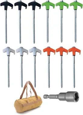8" Screw in Tent Stakes - Ground Anchors Screw in, Screw in Tent Stakes Heavy Duty, Tent Pegs Camping Stakes, Metal Threaded Tent Spikes, Screw Tent Stakes with Hex Sleeves (12Pcs Bag Mix Color)