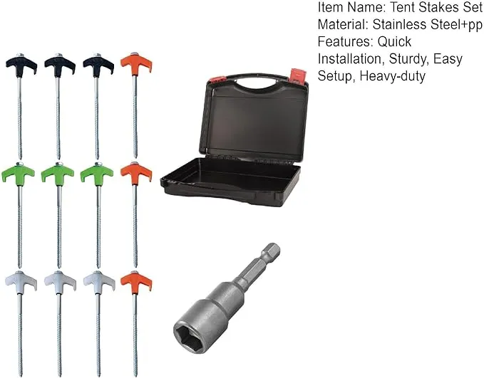 8" Screw in Tent Stakes - Ground Anchors Screw in, Screw in Tent Stakes Heavy Duty, Tent Pegs Camping Stakes, Metal Threaded Tent Spikes, Screw Tent Stakes with Hex Sleeves (12Pcs Box White)