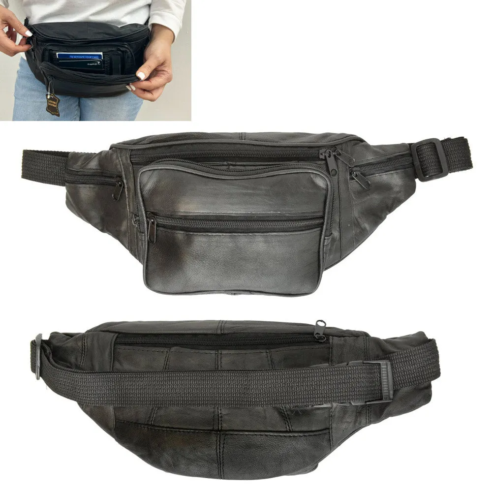 Black Leather Waist Fanny Pack Hip Belt Bag Pouch Travel Hip Purse Multi Zipper