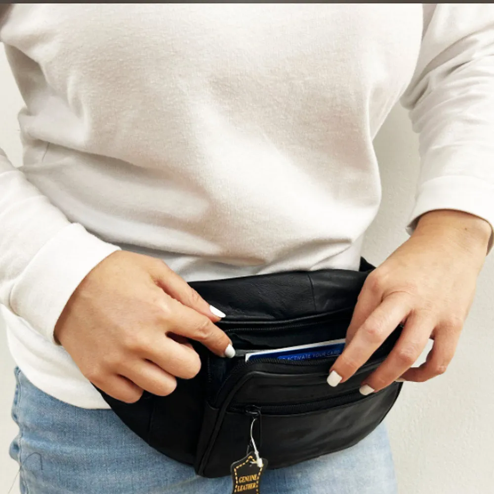 Black Leather Waist Fanny Pack Hip Belt Bag Pouch Travel Hip Purse Multi Zipper