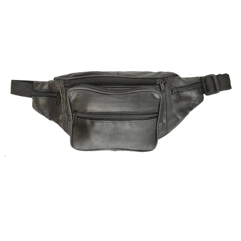 Black Leather Waist Fanny Pack Hip Belt Bag Pouch Travel Hip Purse Multi Zipper