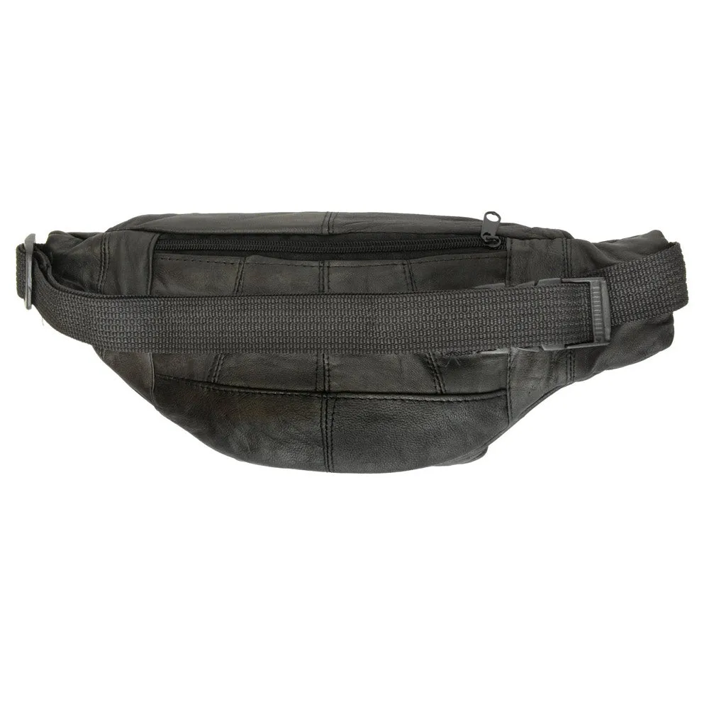 Black Leather Waist Fanny Pack Hip Belt Bag Pouch Travel Hip Purse Multi Zipper