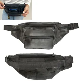 Black Leather Waist Fanny Pack Hip Belt Bag Pouch Travel Hip Purse Multi Zipper