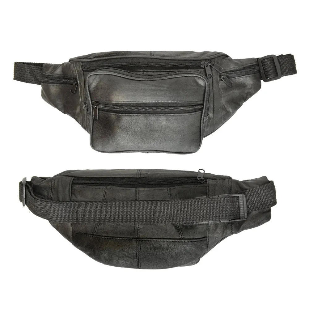 Black Leather Waist Fanny Pack Hip Belt Bag Pouch Travel Hip Purse Multi Zipper