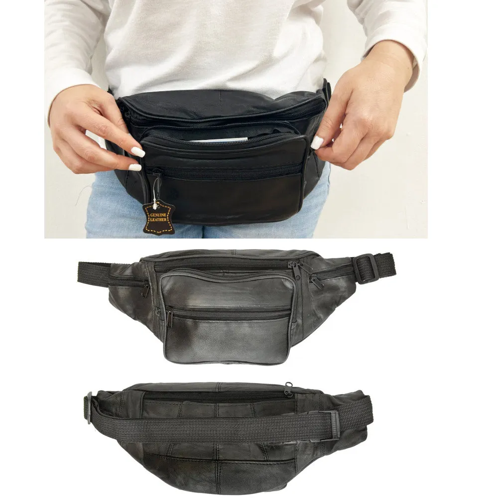 Black Leather Waist Fanny Pack Hip Belt Bag Pouch Travel Hip Purse Multi Zipper