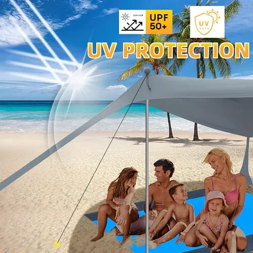 BOTINDO Family Beach Tent Canopy Sun Shade, Pop Up Grande Beach Tent Sun Shelter Stability 4 Poles with Portable Carry Bag Outdoor Shade for Fishing Backyard Camping Picnics (Grey, 7x7.5FT 4Pole)