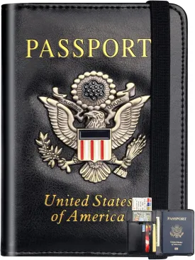 Herain Passport Holder Wallet Cover Case for Men Women Family, Metal US Badge Passport Book Holers with RFID Blocking, Travel Essentials Cruise Must Haves