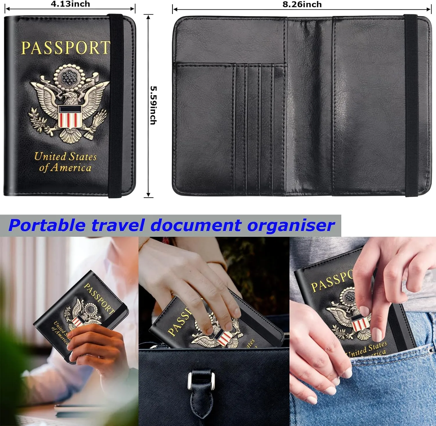 Herain Passport Holder Wallet Cover Case for Men Women Family, Metal US Badge Passport Book Holers with RFID Blocking, Travel Essentials Cruise Must Haves