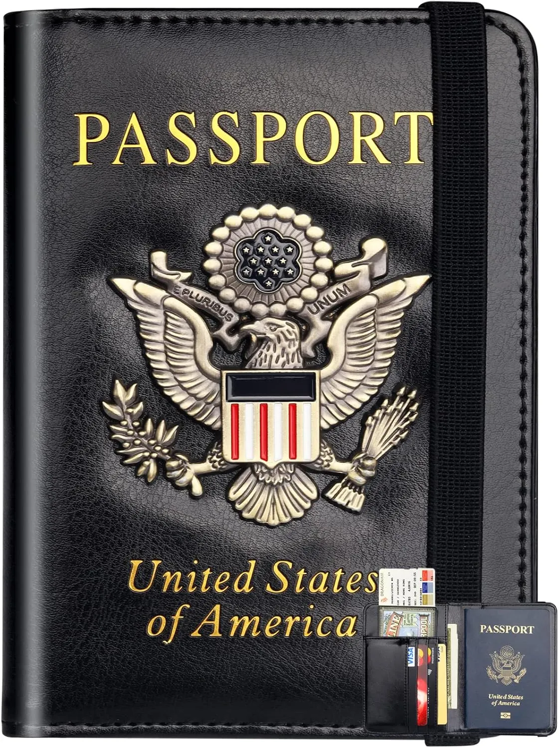 Herain Passport Holder Wallet Cover Case for Men Women Family, Metal US Badge Passport Book Holers with RFID Blocking, Travel Essentials Cruise Must Haves
