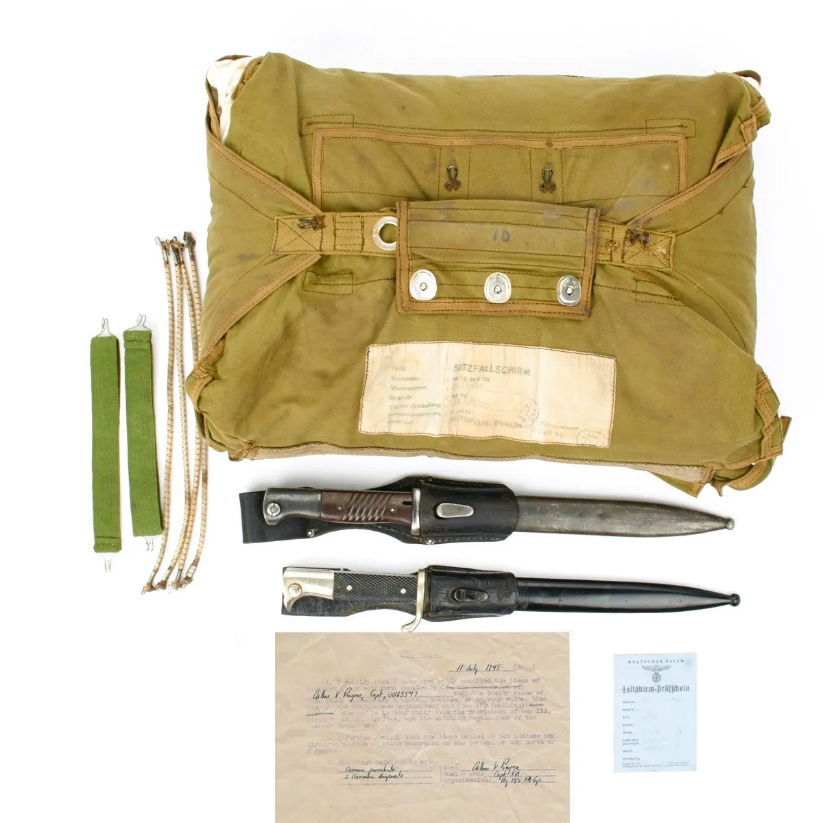 Original WWII US Army Captain Bring Back Trophy Set- German Luftwaffe Aviator Seat Pack Parachute, Bayonets and Certificate
