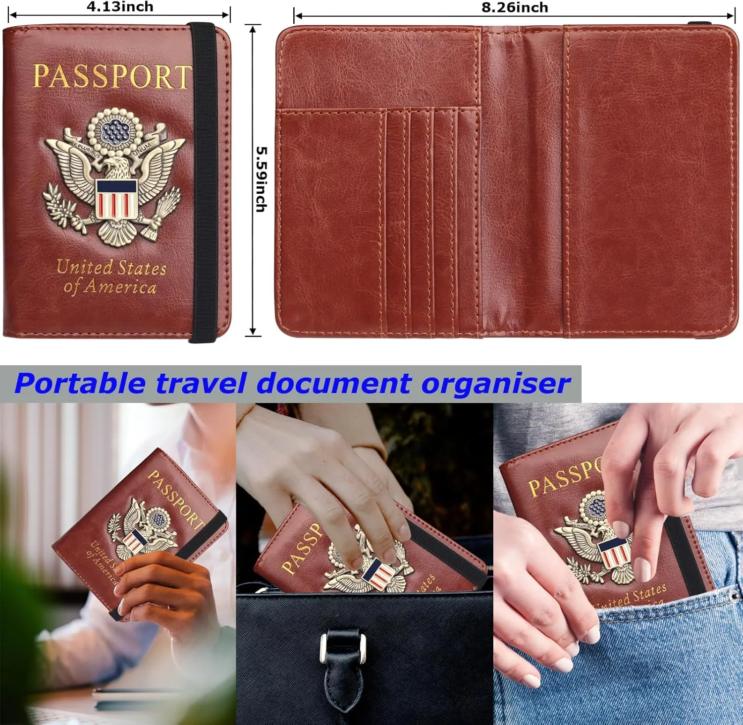 Passport Holder Wallet Cover Case for Women Men Family, Metal US Badge Passport Book Holders with RFID Blocking, Travel Must Haves Cruise Ship Essentials (brown)