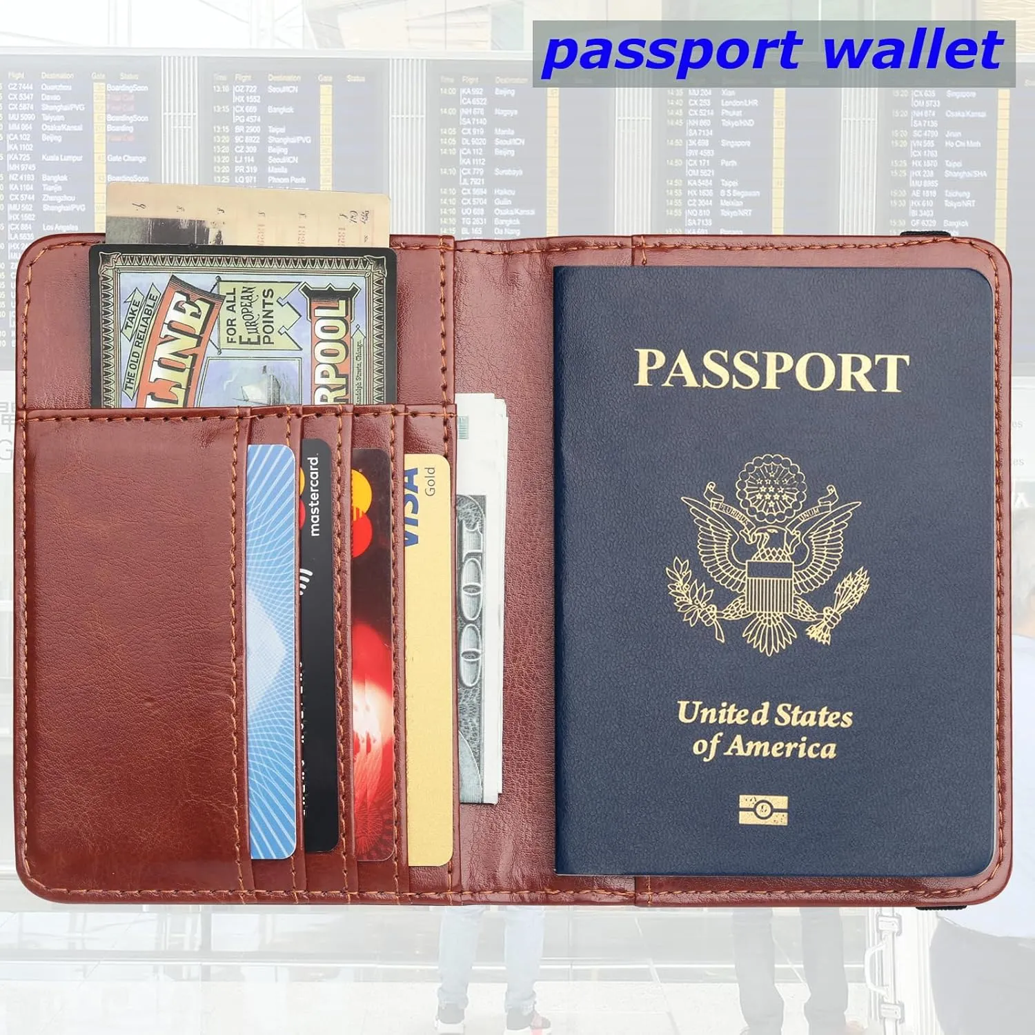 Passport Holder Wallet Cover Case for Women Men Family, Metal US Badge Passport Book Holders with RFID Blocking, Travel Must Haves Cruise Ship Essentials (brown)