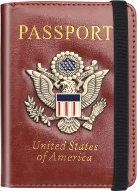 Passport Holder Wallet Cover Case for Women Men Family, Metal US Badge Passport Book Holders with RFID Blocking, Travel Must Haves Cruise Ship Essentials (brown)