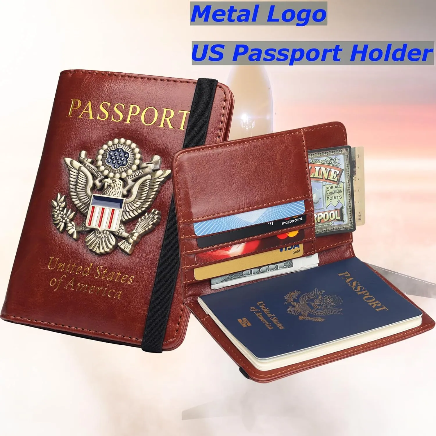 Passport Holder Wallet Cover Case for Women Men Family, Metal US Badge Passport Book Holders with RFID Blocking, Travel Must Haves Cruise Ship Essentials (brown)