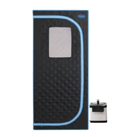 Portable Plus Full Size Steam Sauna tent. Spa, Detox ,Therapy and Relaxation at home.Larger Space,Stainless Steel Pipes Connector Easy to Install, with FCC Certification--Black(Blue binding)