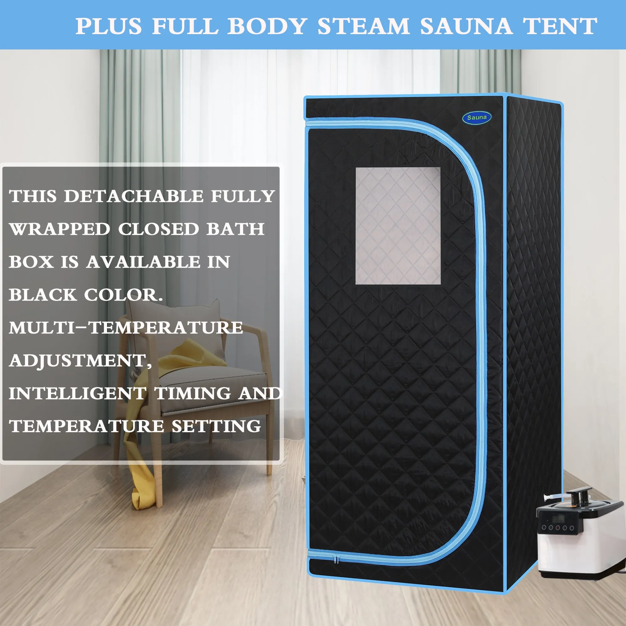 Portable Plus Full Size Steam Sauna tent. Spa, Detox ,Therapy and Relaxation at home.Larger Space,Stainless Steel Pipes Connector Easy to Install, with FCC Certification--Black(Blue binding)