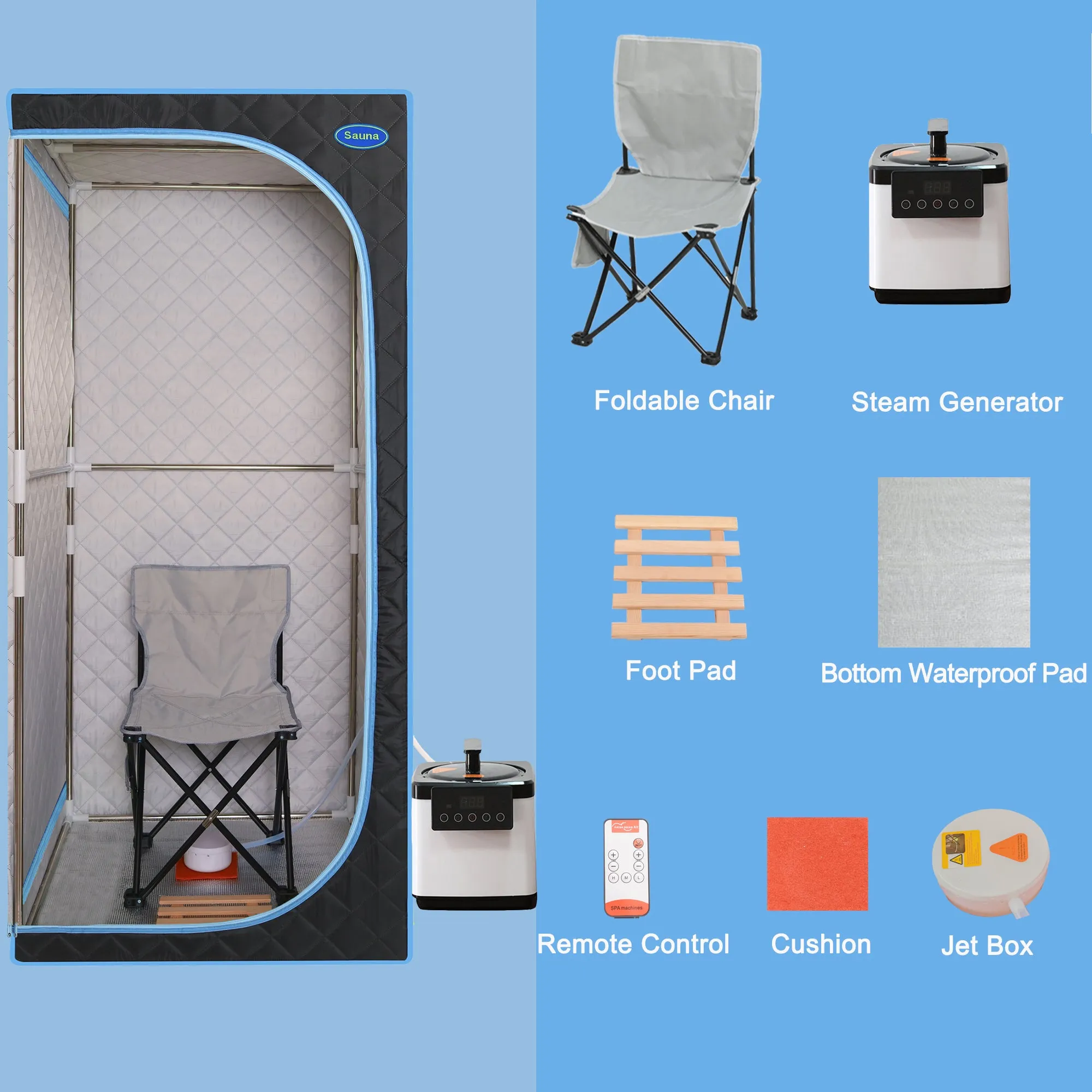 Portable Plus Full Size Steam Sauna tent. Spa, Detox ,Therapy and Relaxation at home.Larger Space,Stainless Steel Pipes Connector Easy to Install, with FCC Certification--Black(Blue binding)