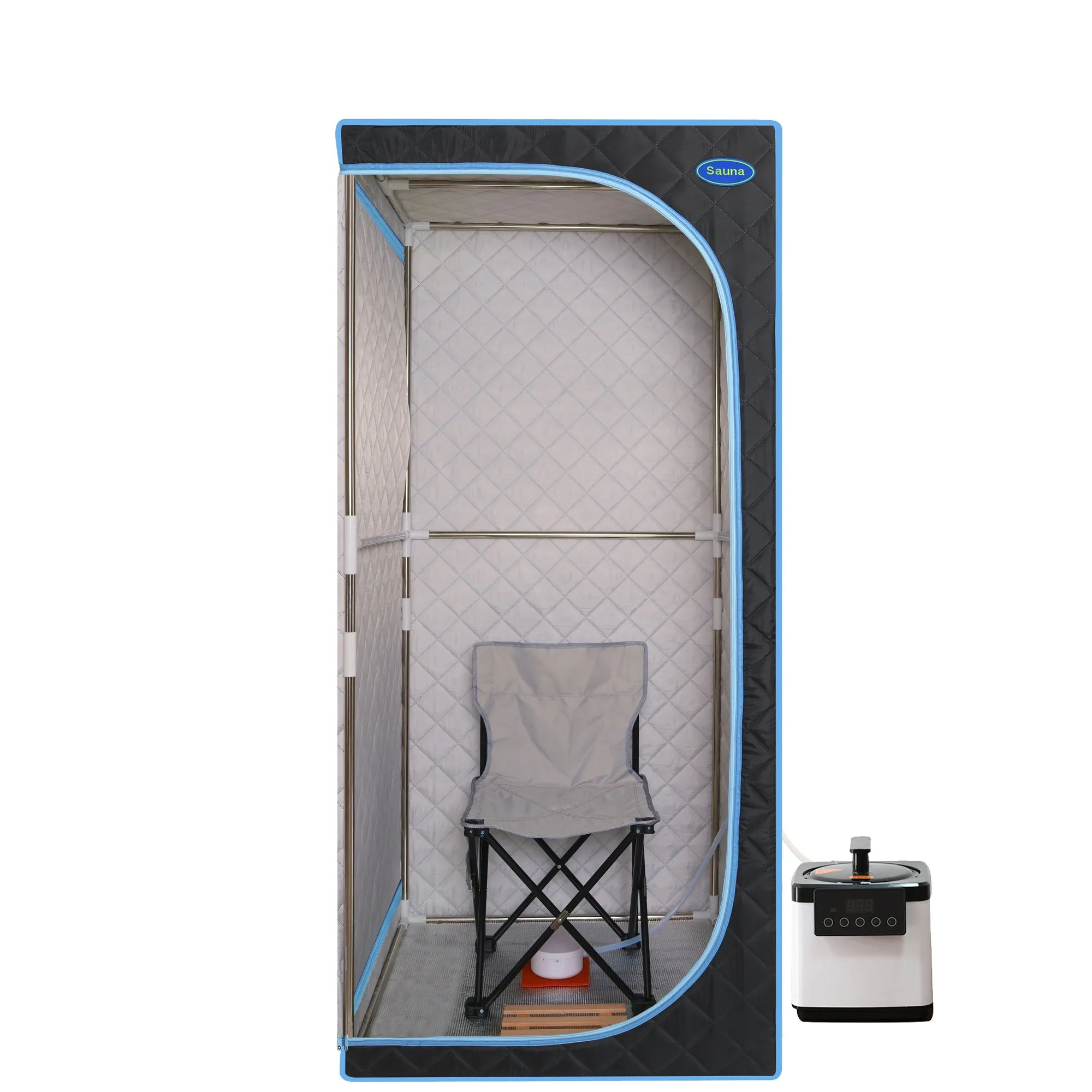 Portable Plus Full Size Steam Sauna tent. Spa, Detox ,Therapy and Relaxation at home.Larger Space,Stainless Steel Pipes Connector Easy to Install, with FCC Certification--Black(Blue binding)