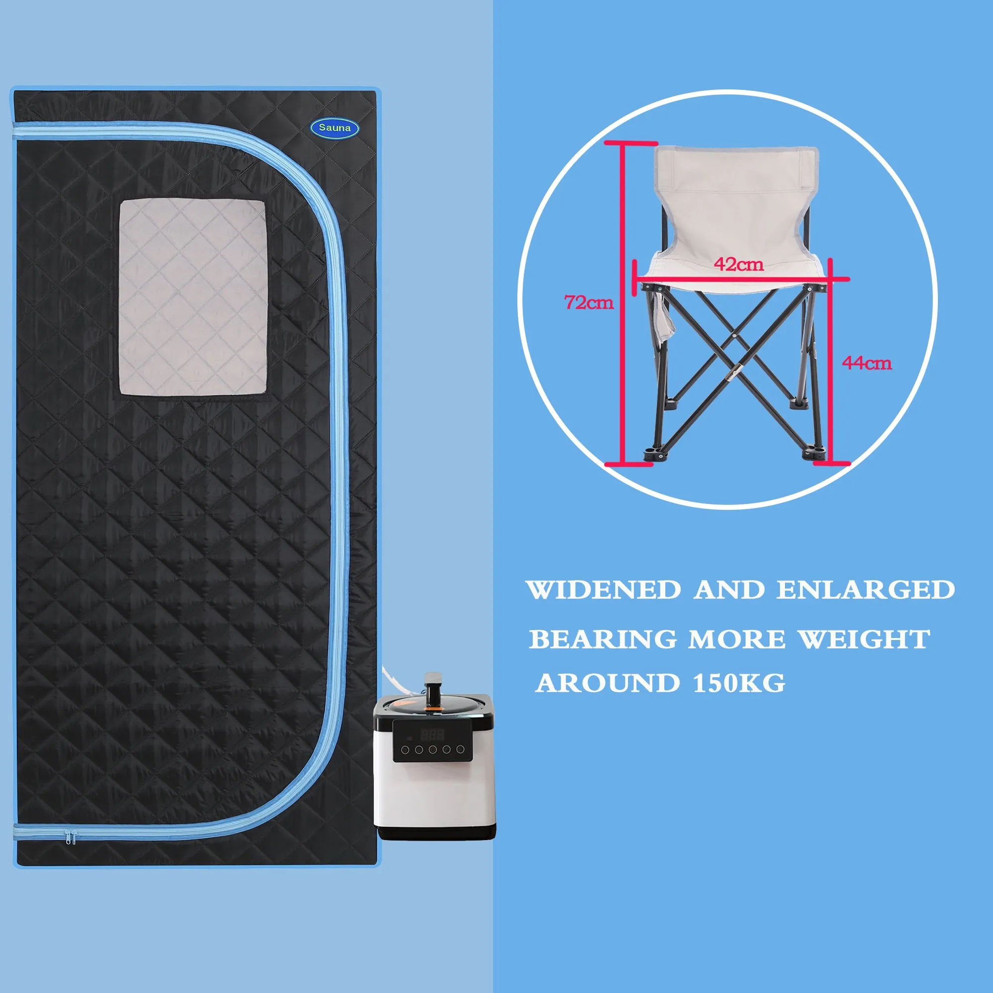Portable Plus Full Size Steam Sauna tent. Spa, Detox ,Therapy and Relaxation at home.Larger Space,Stainless Steel Pipes Connector Easy to Install, with FCC Certification--Black(Blue binding)