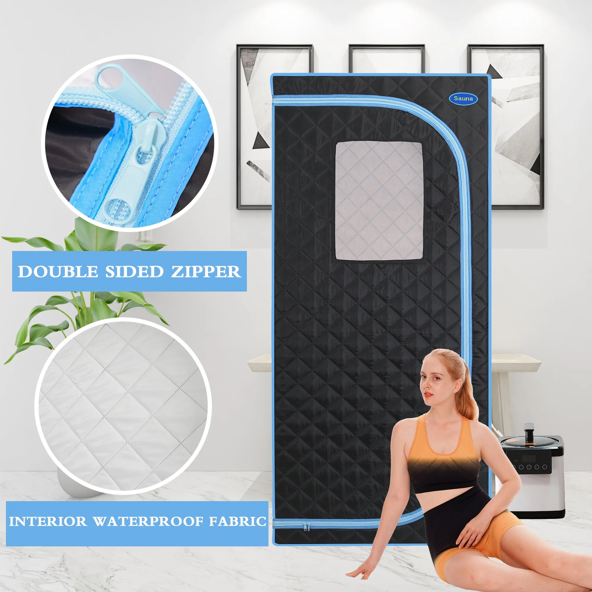 Portable Plus Full Size Steam Sauna tent. Spa, Detox ,Therapy and Relaxation at home.Larger Space,Stainless Steel Pipes Connector Easy to Install, with FCC Certification--Black(Blue binding)