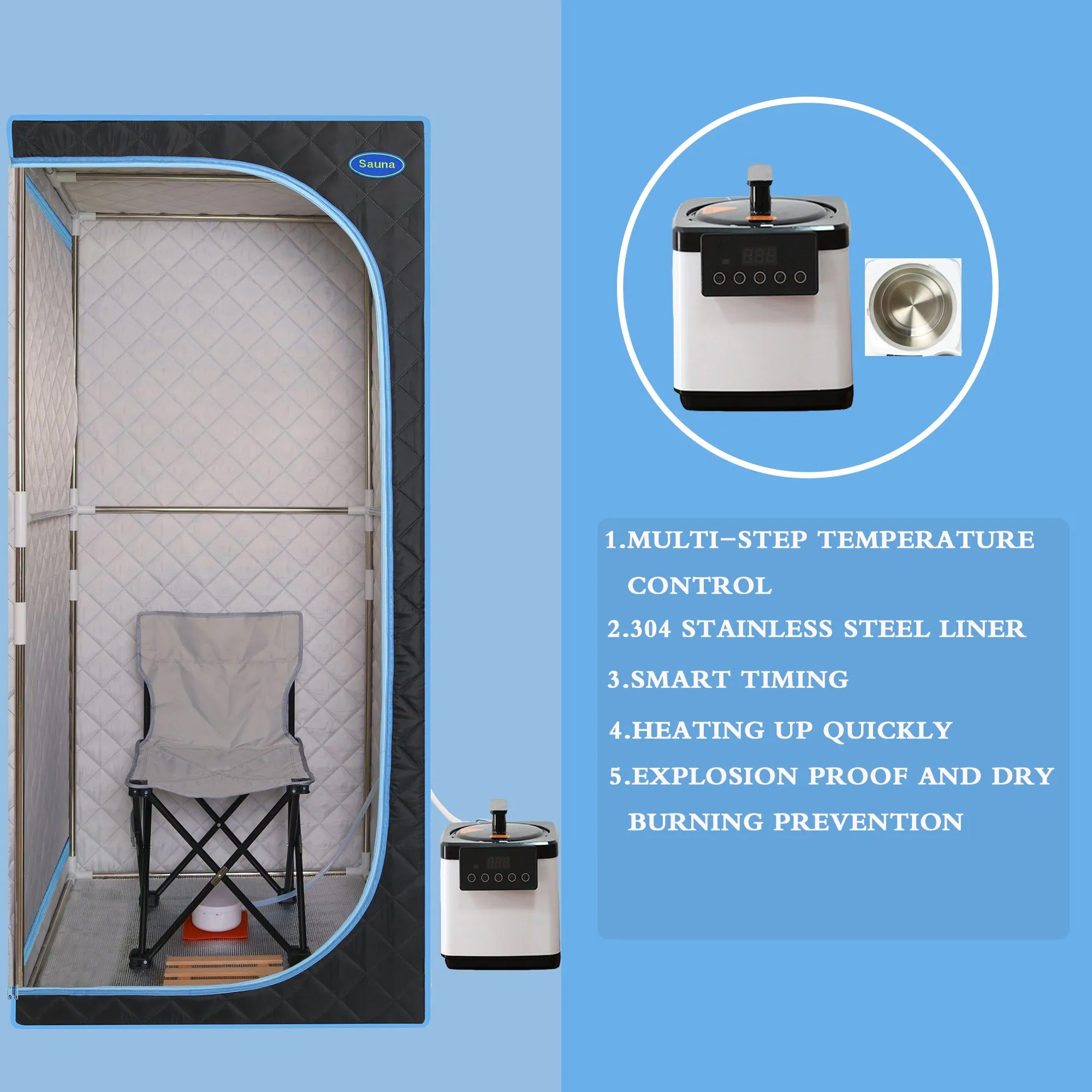 Portable Plus Full Size Steam Sauna tent. Spa, Detox ,Therapy and Relaxation at home.Larger Space,Stainless Steel Pipes Connector Easy to Install, with FCC Certification--Black(Blue binding)